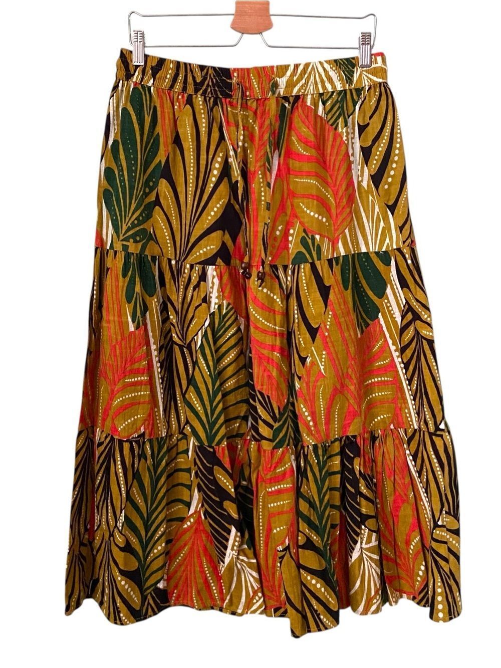Mlle Gabrielle Tiered Maxi Skirt in Olive, Rust & Black Tropical/Forest Accent L